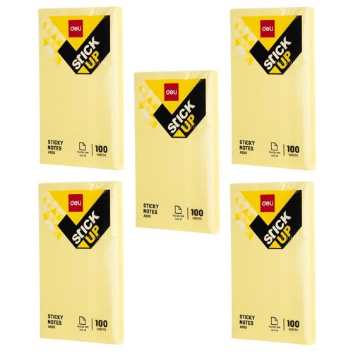 Deli Lot De 5 Stick Up Notes Adhésives Repositionnables 76×126mm - 100 Feuilles Jaunes