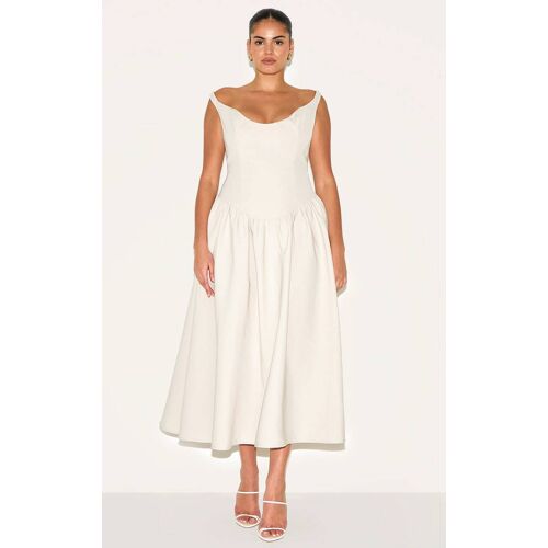 Plus Robe Mi-Longue Tissée Crème Froncée À Col Bardot Et Taille Tombante, Crème