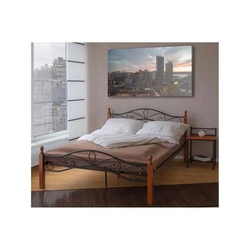 Lit Double En Métal Avec Sommier À Lattes - Design Classique - Noir Et Marron - 160x200cm