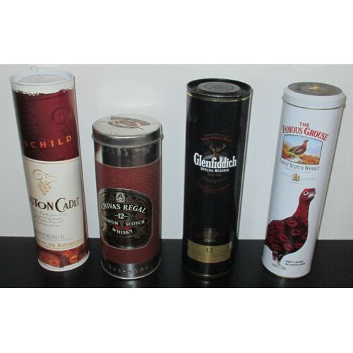 Lot De 4 Boites Métalliques Cylindriques Avec Leur Couvercle Ayant Contenu Des Bouteilles : Chivas Regal + Glendiffich + The Famouse Grouse + Mouton Cadet - Vendues Vides
