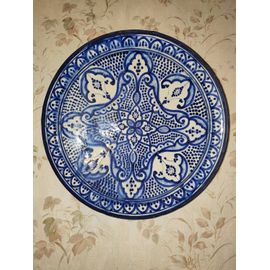 Plat À Tajine Bleu Et Blanc 48 Cm 48cm Pour Réception Fête Mariage En Céramique Terre Cuite Vernissée Signée Dbila Safi Maghreb Maroc Ou Autre - 3 Trous D'attache Pour Décors, Cuisine Et Service