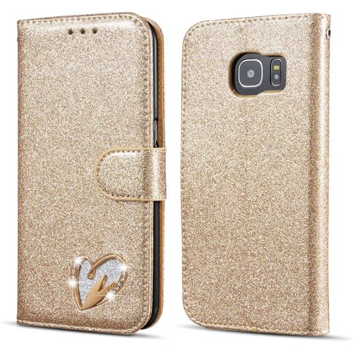 Etui Pour Galaxy S7 Edge Coque, Flip Case Etui Paillette Glitter Bling Portefeuille En Cuir Housse Avec Porte Carte Magnetique Wallet Cover Pour Samsung Galaxy S7 Edge - Or