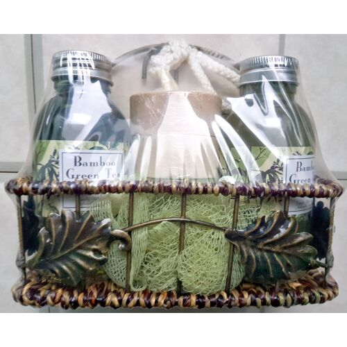 Amataï - Set De Bain Douche Bambou Thé Vert Avec Petit Panier En Métal & Rotin 100