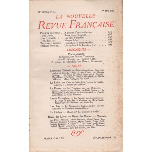 La Nouvelle Revue Française (1908-1943) N° 212 Mai 1931