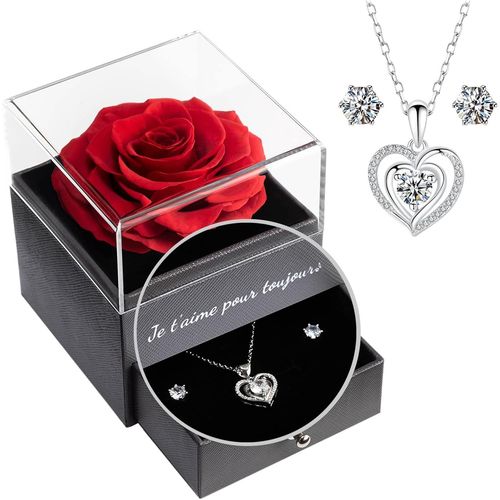 Eternal Rose With 925 Sterling Silver Jewellery,Gift For Women,Preserved Rose With Necklace Gift Box Christmas Valentine's Day Women's Birthday Mother's Day Gift Mum I Love You Forever.[S22]