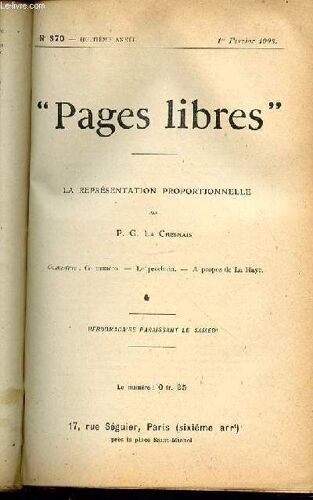 Pages Libres N°370 / Huitieme Annee / 1 Fevrier 1908 - La Representation Proportionnelle Par P. G. La Chesnais.