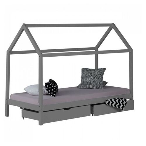 Lit Enfant Avec Matelas Cadre De Lit Cabane Enfant 90x200 Cm Gris Avec Tiroirs