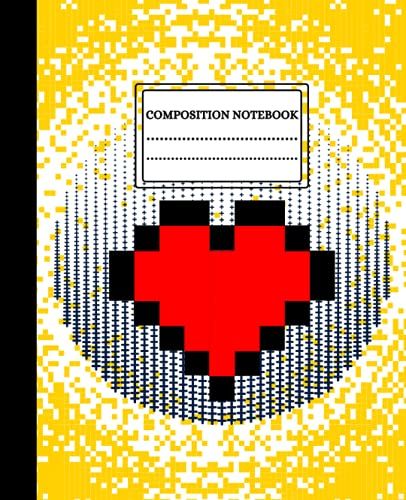 Pixel Composition Notebook, Red Heart, 200 Pages, Wide Ruled, 7.5" X 9.25", Yellow Composition Notebook, White Paper Journal: Yellow Diary For Notes For Kids/Adults/Women/Girls/Teens