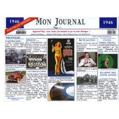 Set De Table Année 1946 - Mon Journal - Plastifié Et Recto-Verso