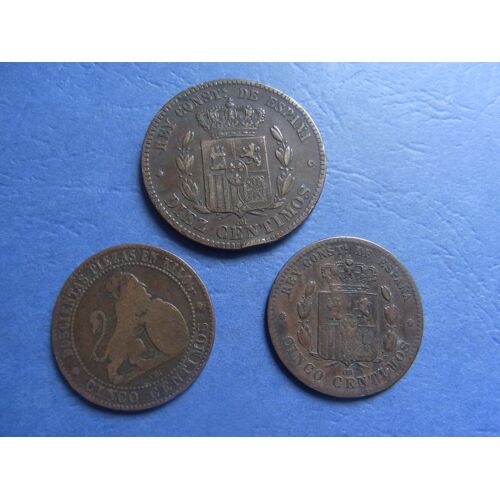 Lot 3 Monnaies / Espagne / Diez - Cinquo Centimos / Alfonso Xii / 1