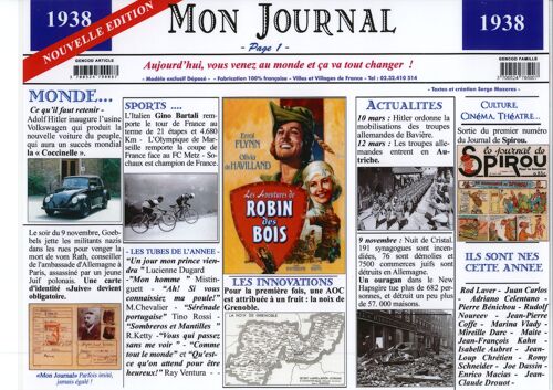 Set De Table Année 1938 - Mon Journal - Plastifié Et Recto-Verso