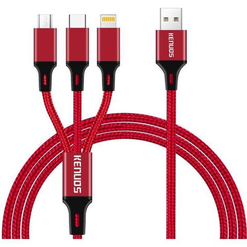 Câble Multi USB, 3 en 1 Multi Chargeur USB Câble en Nylon Tressé avec Micro USB Type C Connecteurs Rouge