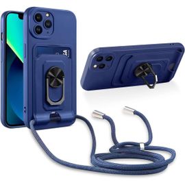 Cordon De Coque Compatible Avec Iphone 12 Pro Max,[Bequille 360'rotatif] [Fentes Pour Cartes] Antichoc Reglable Lanyard Silicone Case - Bleu
