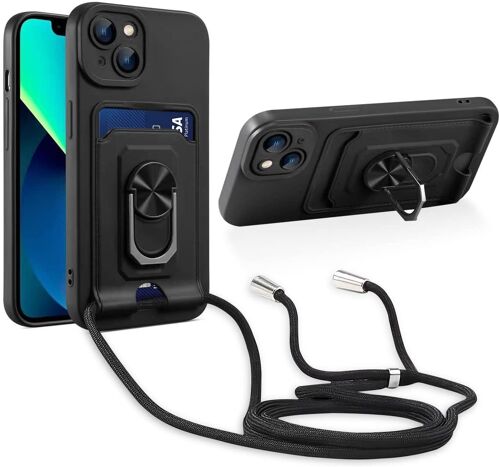 Cordon de Coque Compatible avec iPhone 13,[Bquille 360¡ã Rotatif] [Fentes pour Cartes] Antichoc Rglable Lanyard Silicone Case - Noir