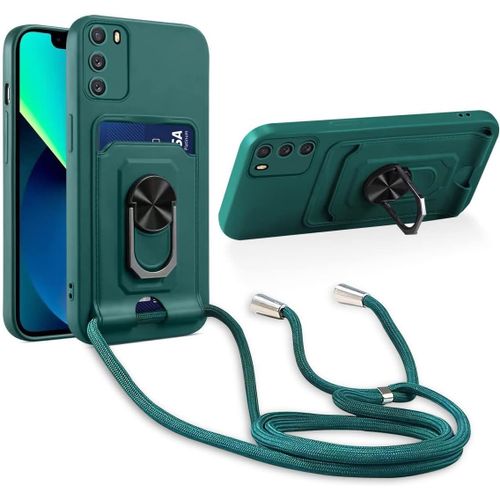 Cordon De Coque Compatible Avec Xiaomi Poco M3,[Bquille 360¡Ã Rotatif] [Fentes Pour Cartes] Antichoc Rglable Lanyard Silicone Case - Vert