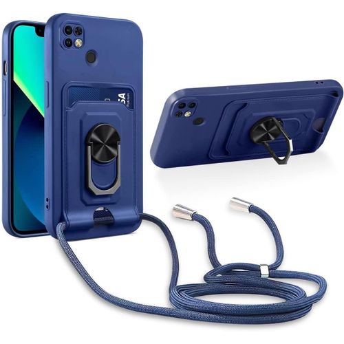 Cordon De Coque Compatible Avec Xiaomi Redmi 10c,[Bquille 360¡Ã Rotatif] [Fentes Pour Cartes] Antichoc Rglable Lanyard Silicone Case - Bleu