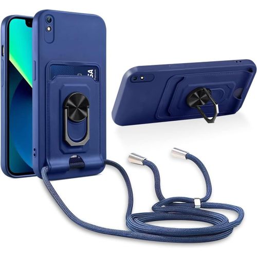 Cordon De Coque Compatible Avec Xiaomi Redmi 9a / 9at / 9i,[Bequille 360'rotatif] [Fentes Pour Cartes] Antichoc Reglable Lanyard Silicone Case - Bleu