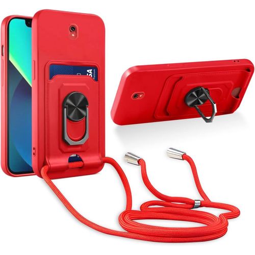 Cordon De Coque Compatible Avec Xiaomi Redmi 8a,[Bquille 360¡Ã Rotatif] [Fentes Pour Cartes] Antichoc Rglable Lanyard Silicone Case - Rouge