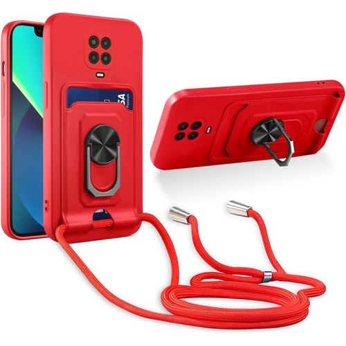 Cordon De Coque Compatible Avec Xiaomi Redmi Note 9 Pro/Note 9s/Note 9 Pro Max,[Bequille 360'rotatif] [Fentes Pour Cartes] Antichoc Reglable Lanyard Silicone Case - Rouge
