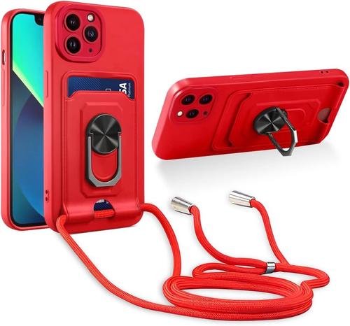 Cordon de Coque Compatible avec iPhone 11 Pro Max,[Bquille 360¡ã Rotatif] [Fentes pour Cartes] Antichoc Rglable Lanyard Silicone Case - Rouge