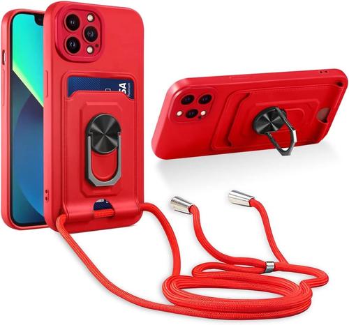 Cordon De Coque Compatible Avec Iphone 14 Pro Max,[Bquille 360¡Ã Rotatif] [Fentes Pour Cartes] Antichoc Rglable Lanyard Silicone Case - Rouge