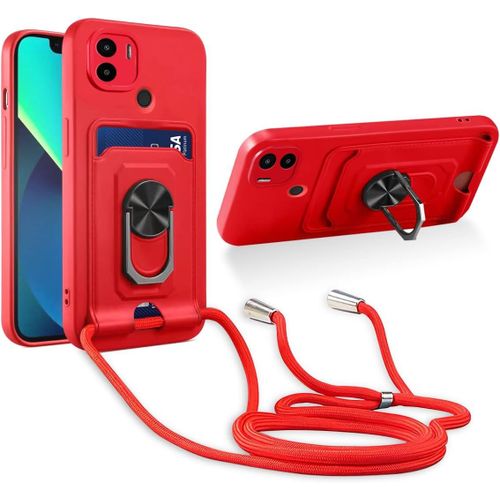 Cordon De Coque Compatible Avec Xiaomi Redmi A1 Plus/Redmi A1+,[Bequille 360'rotatif] [Fentes Pour Cartes] Antichoc Reglable Lanyard Silicone Case - Rouge