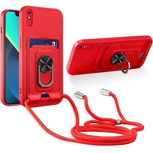 Cordon De Coque Compatible Avec Xiaomi Redmi 9a / 9at / 9i,[Bequille 360'rotatif] [Fentes Pour Cartes] Antichoc Reglable Lanyard Silicone Case - Rouge