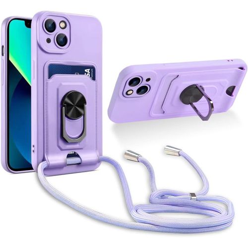 Cordon De Coque Compatible Avec Iphone 13,[Bquille 360¡Ã Rotatif] [Fentes Pour Cartes] Antichoc Rglable Lanyard Silicone Case - Pourpre
