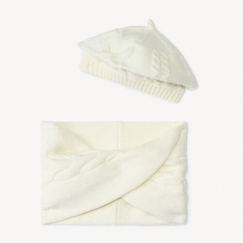 Set Bonnet + Snood Effet Croisé En Tricot Uni Pour Fille - Ecru