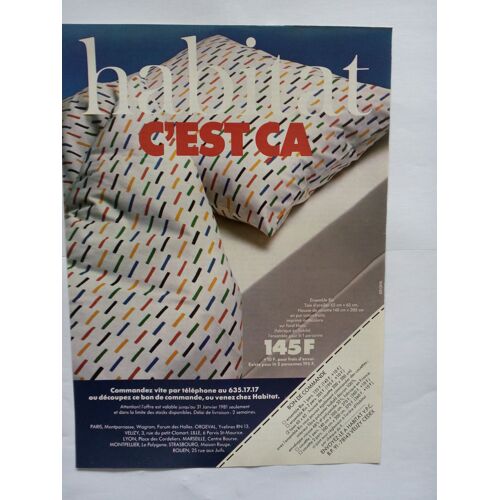 Publicité Papier Ancienne (Janvier 1981) Pour Les Magasins D'ameublement "Habitat" Avec Un Bon De Commande Pour La Parure De Lit "Rio" À 145 Francs En Photo Sur La Pub (Publicité Ideodis)