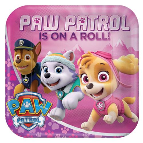 Lot 8 assiettes roses 23cm carrées en papier Pat Patrouille - Paw Patrol - Amscan