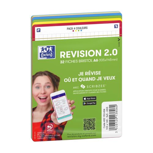 Oxford Paquet De 32 Fiches Bristol Revision 2.0 Non Perforées 105x148 Mm A6 Q5/5 Coloris Assortis