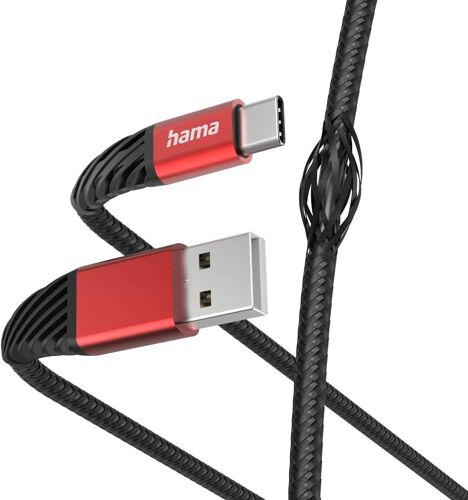 KAL-Câble USB-C Extreme (Câble de charge USB-C - USB-A 2.0, 480 Mbit/s, 1.5 m, Gaine tressée en Nylon, pour PC, Macbook, Tablette, Smartphone, Power Pack, Enceinte, Manette de jeux) Noir/Rouge