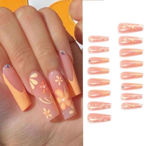 Faux Ongles À Pression, 24 Pièces, Fleur Jaune, Bricolage, Longs, Ballerine, Cercueil Français 
