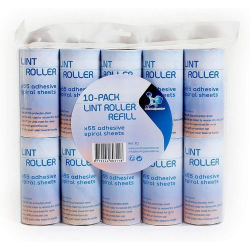 LaundrySpecialist® Lot de 10 RECHARGES pour Rouleau Collant pour ôter Facilement Poils Animaux et Peluches sur Tous Textiles - 10 Rouleaux de 55 Feuilles adhésives en Diagonale/env. 8 m par Rouleau