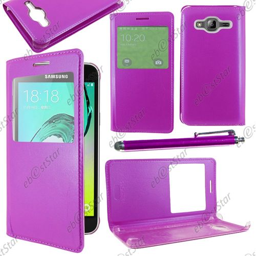 Ebeststar ® Housse Coque Etui Style View Portefeuille Pour Samsung Galaxy J3 Sm-J300f, Couleur Violet + Stylet + 1 Film Protection D'écran + Lingette