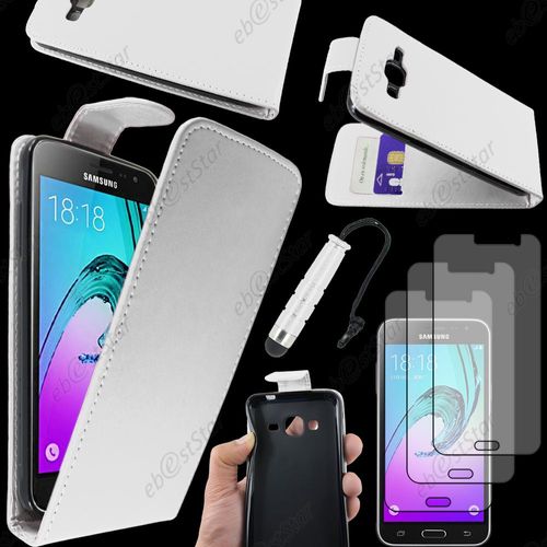 Ebeststar ® Housse Coque Etui Simili Cuir À Rabat Vertical Pour Samsung Galaxy J3 Sm-J300f, Couleur Blanc + Mini Stylet 3 Film Plastique