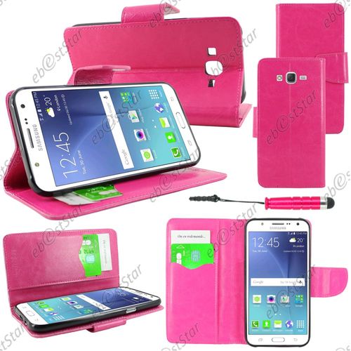 Ebeststar ® Housse Coque Etui Portefeuille Support Folio Simi Cuir Pour Samsung Galaxy J7 Sm-J700f J700h, Couleur Rose + Mini Stylet + 1 Film Protection D'écran + Lingette