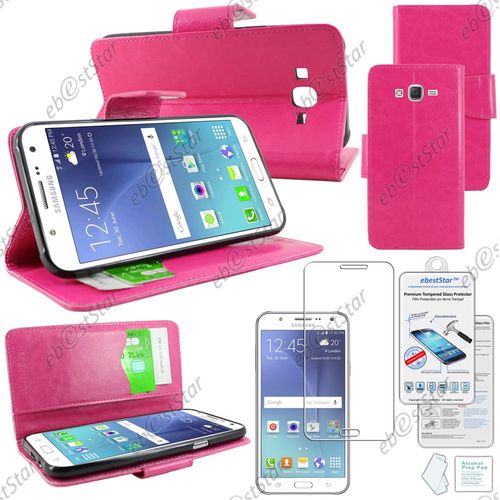 Ebeststar ® Verre Trempé + Housse Coque Etui Portefeuille Support Folio Simi Cuir Pour Samsung Galaxy J7 Sm-J700f J700h, Couleur Rose