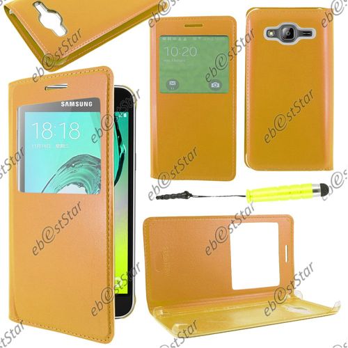 Ebeststar ® Housse Coque Etui Style View Portefeuille Pour Samsung Galaxy J3 Sm-J300f, Couleur Or + Mini Stylet + 1 Film Protection D'écran + Lingette