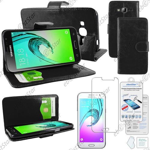 Ebeststar ® Pour Samsung Galaxy J3 Sm-J300f Etui Portefeuille Housse Coque Protection Folio Book Livre, Couleur Noir + Film Verre Trempé