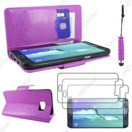 Ebeststar ® Housse Coque Etui Portefeuille Support Folio Simi Cuir Pour Samsung Galaxy S6 Edge Sm-G925f G925, Couleur Violet + Mini Stylet 3 Film Plastique