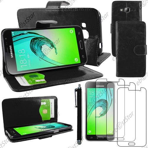 Ebeststar ® Housse Coque Etui Portefeuille Support Folio Simi Cuir Pour Samsung Galaxy J3 Sm-J300f, Couleur Noir + Stylet 3 Film Plastique