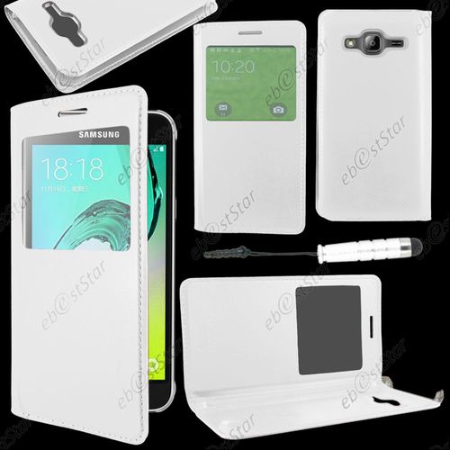 Ebeststar ® Housse Coque Etui Style View Portefeuille Pour Samsung Galaxy J3 Sm-J300f, Couleur Blanc + Mini Stylet + 1 Film Protection D'écran + Lingette