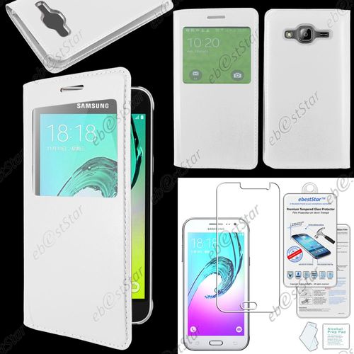 Ebeststar ® Housse Protection Coque Etui Flip View Pour Samsung Galaxy J3 Sm-J300f, Couleur Blanc + 1 Verre Trempé