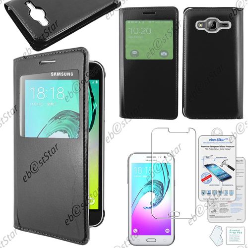 Ebeststar ® Housse Protection Coque Etui Flip View Pour Samsung Galaxy J3 Sm-J300f, Couleur Noir + 1 Verre Trempé