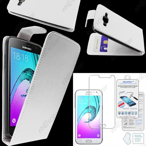Ebeststar ® Verre Trempé + Housse Coque Etui Simili Cuir À Rabat Vertical Pour Samsung Galaxy J3 Sm-J300f, Couleur Blanc