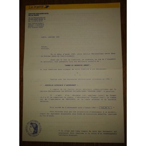 Courrier Service Philathélique De La Poste Janvier 1992 "Bonne Année" + Nouveaux Tarifs