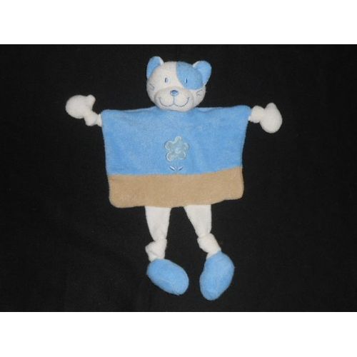Doudou  Plat Chat Blanc Bleu Beige - Noeud - Motif Fleur - H 28 Cm - Pommette