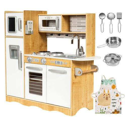 Mamabrum Cuisine Enfant En Bois Éclairage Led Xxl 93 * 30 * 83 Cm Cm Ustensiles Tablier Frigo Micro-Ondes Plaque Certifiée Ce & En - Blanche